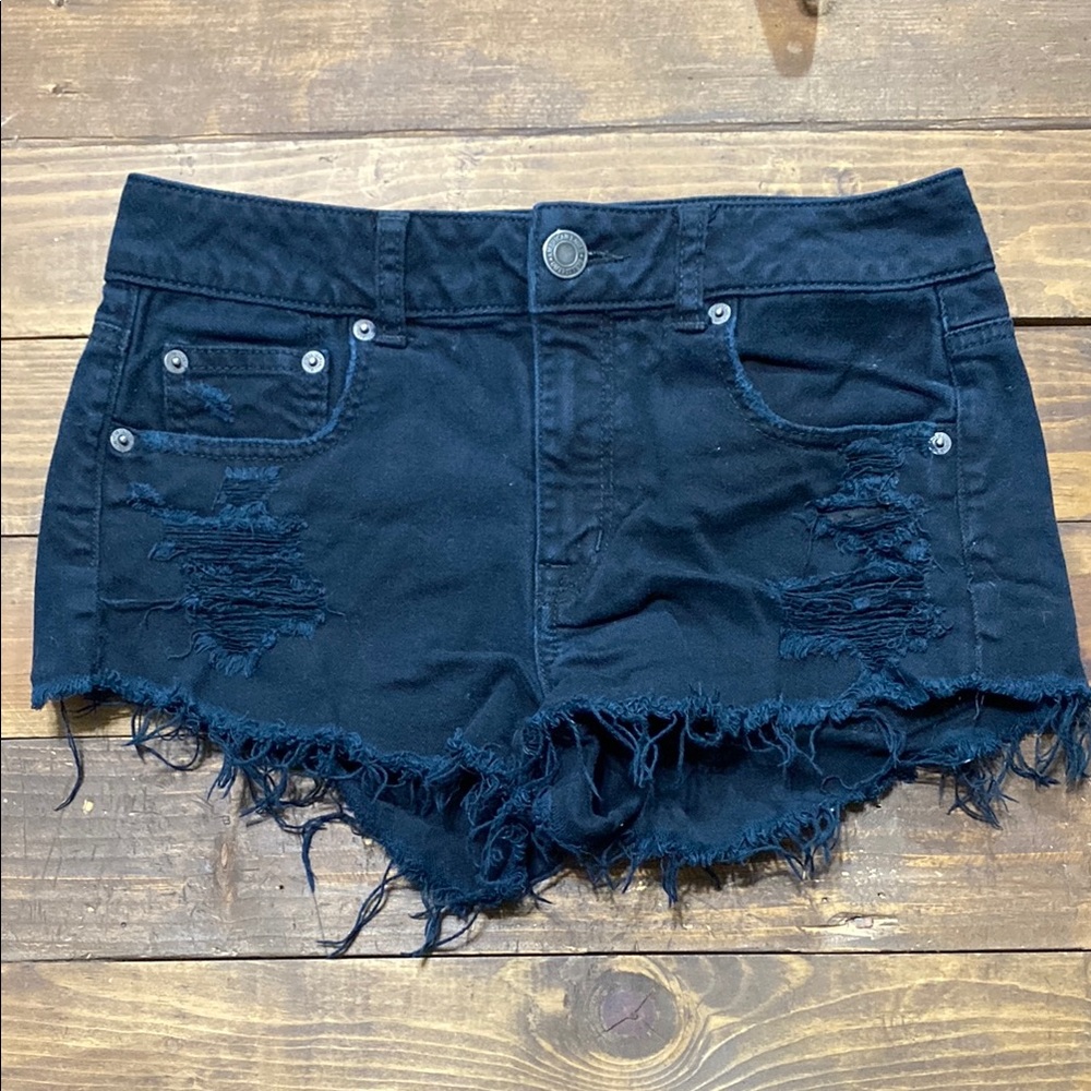 American Eagle Outfitters Black Jean Shorts Distressed Frayed Hem